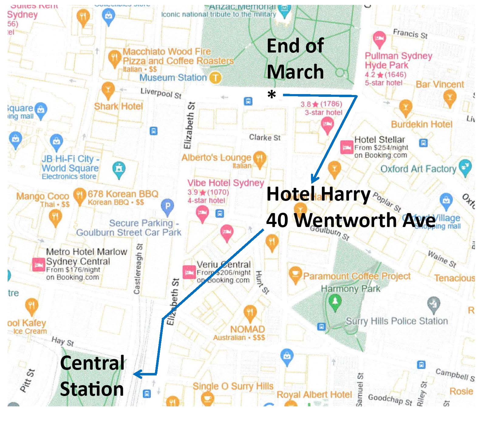 Map to Hotel Harry from ANZAC March and to Central Station