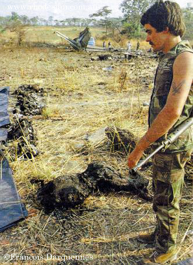 Rhodesian security forces survey remnants from Air Rhodesia crash after attack by ZIPRA missile