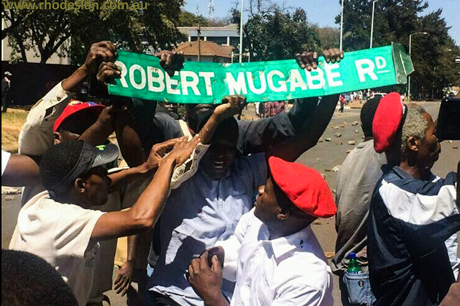Protesters clutch thewir trophy a Robert Mugabe Rd sign during protests