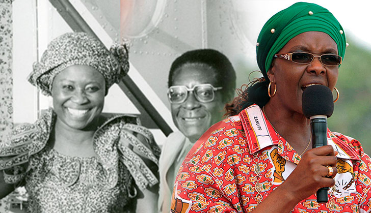 Grace Mugabe speaks with the background of Sally and Robert Mugabe in the background