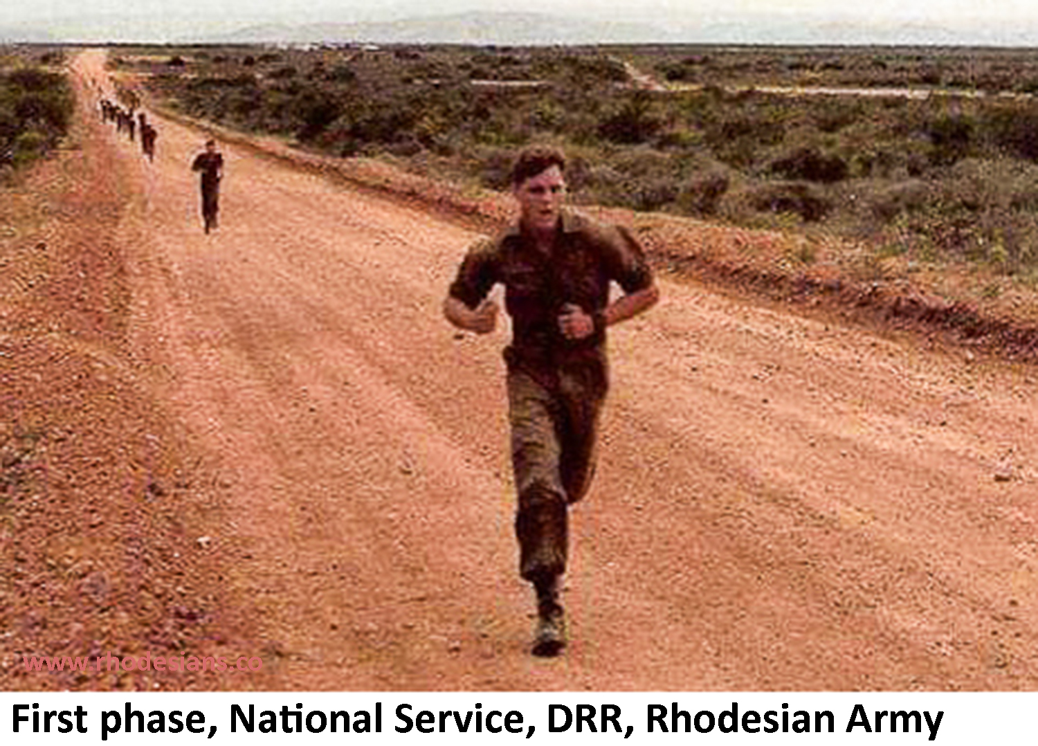 National Service intake on road run from llewellin Barracks during National Service Rhodesian army