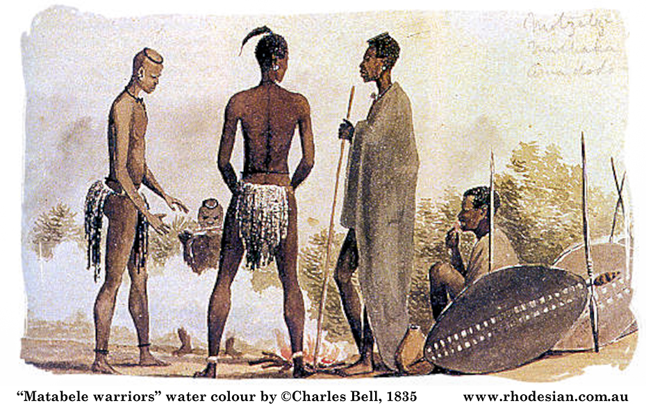 Photo of water colour painting by Charles  bell in 1835 of ndebele warriors