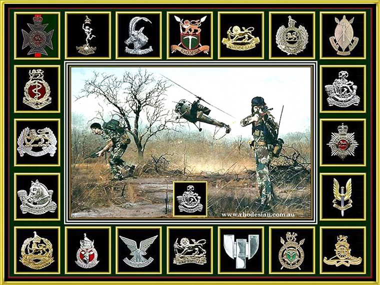 Badges of Rhodesian Army units around photograph of troops on ground after debussing heliicopter
