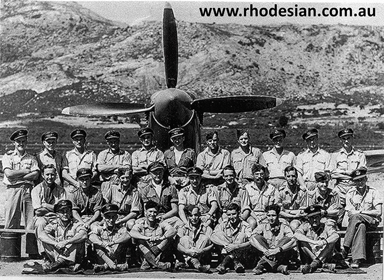 Photograph of 237 Squadron in front of Spitfire in August 1944